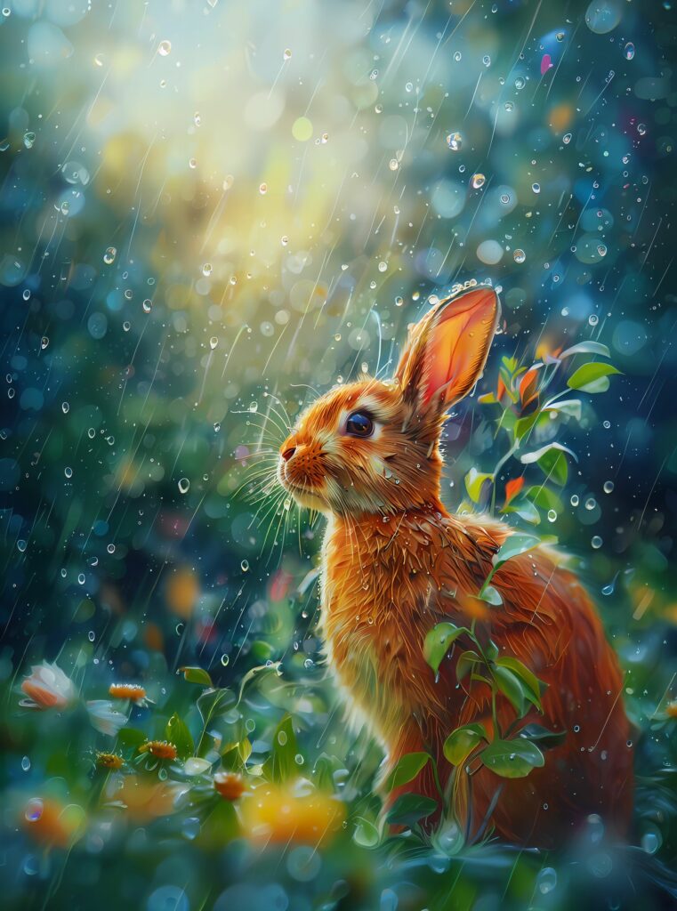 Serene Hare Wallpaper: Lush Spring Foliage & Rainy Day Beauty