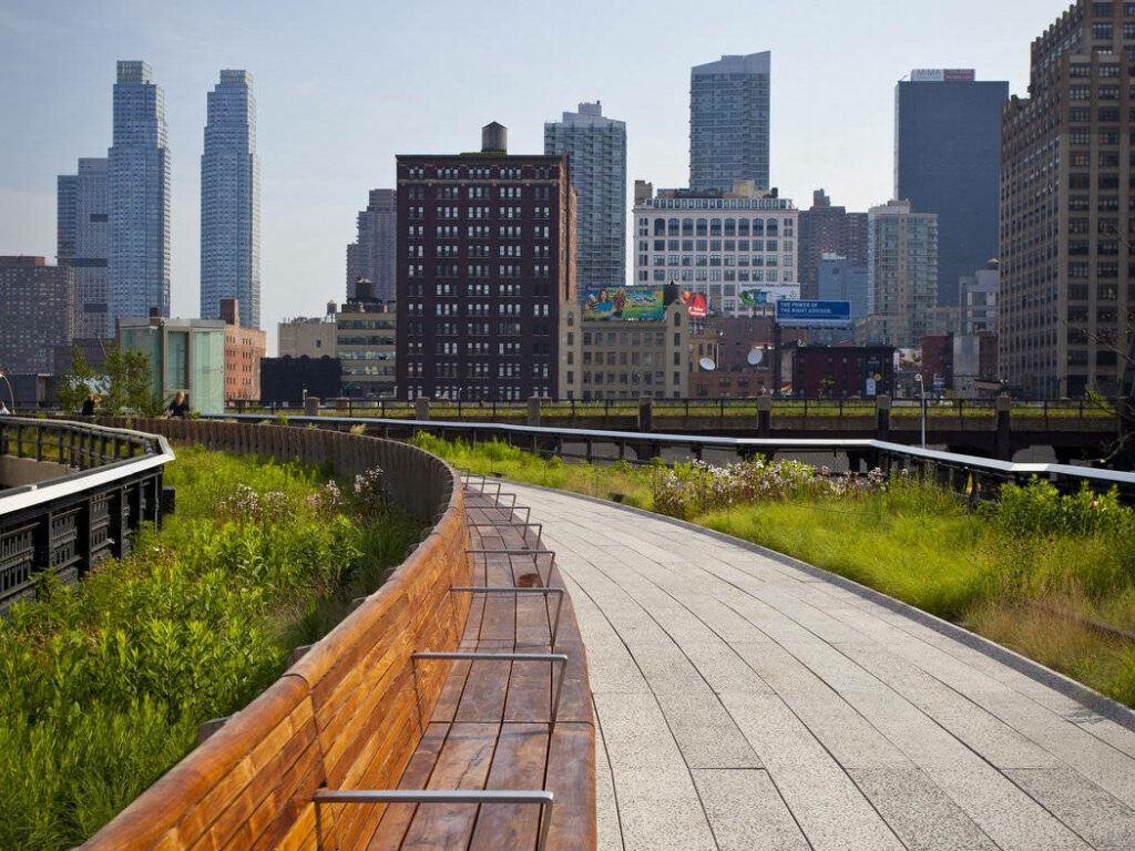 Urban Serenity: High Line Pathway with Greenery & City Views Wallpaper