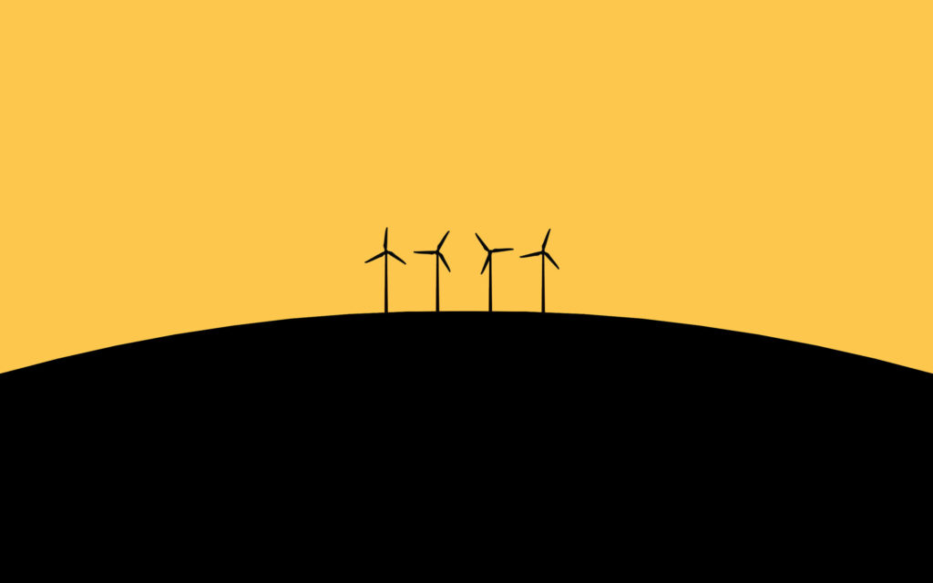 Minimalist wallpaper with four wind turbine silhouettes on black hill against yellow sky background