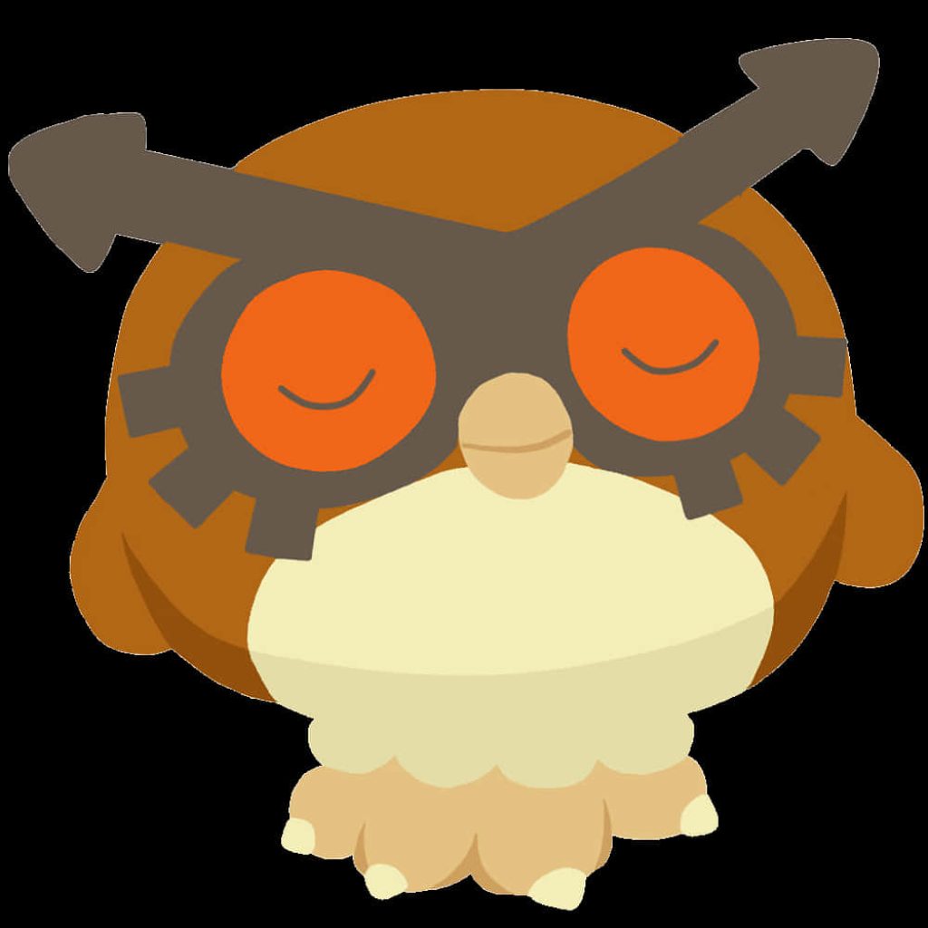 Minimalist digital art of Hoothoot Pokémon with closed eyes and clock-hand eyebrows on black Wallpaper