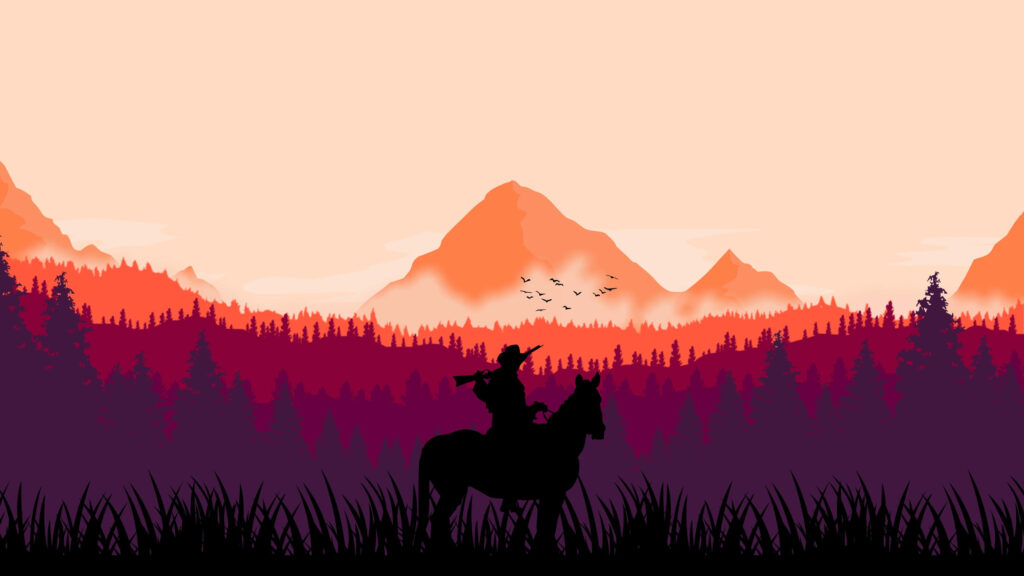 Serene Horse Rider Silhouette Wallpaper with Mountain & Forest Background