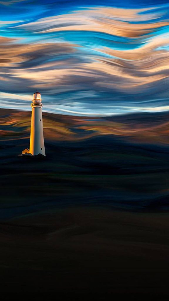 Serene Infinix-style digital art lighthouse with swirling blue gold and orange holographic landscape Wallpaper