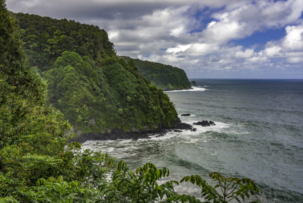 Lush island landscape with dense green trees on coastal cliffs by blue sea under cloudy sky wallpaper