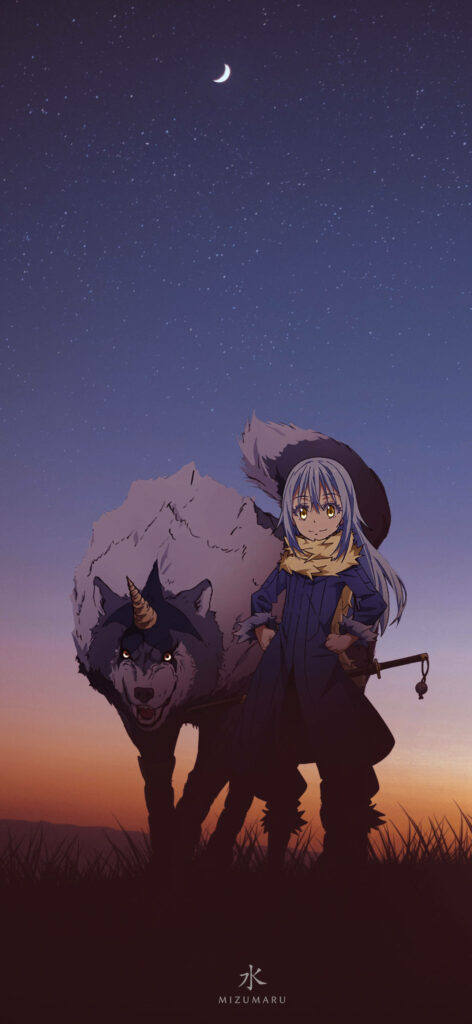 Serene Japanese Wallpaper: Rimuru & Ranga Under a Crescent Moon