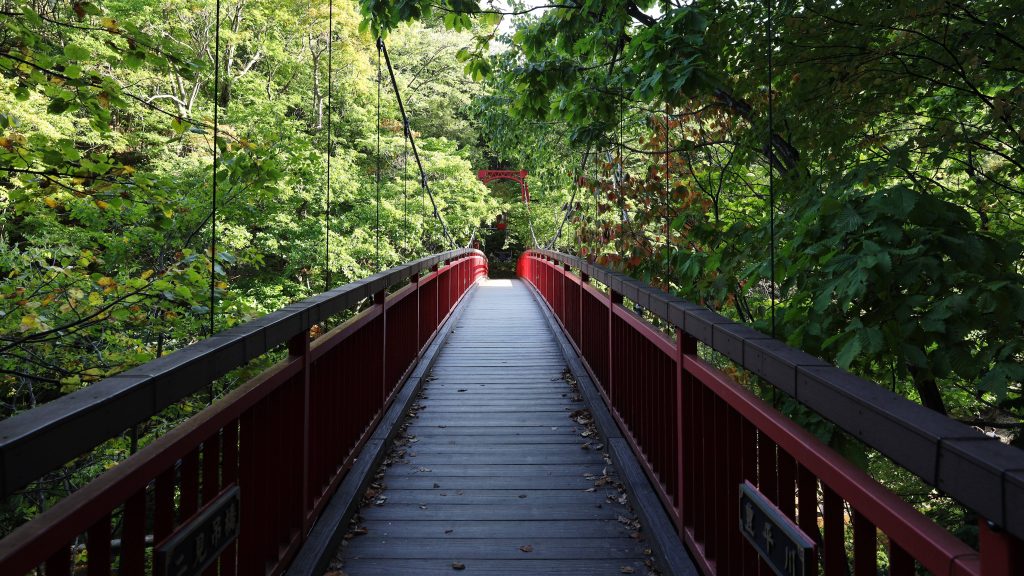 Futami Suspension Bridge in Jozankei Japan red bridge over lush green forest serene nature view Wallpaper