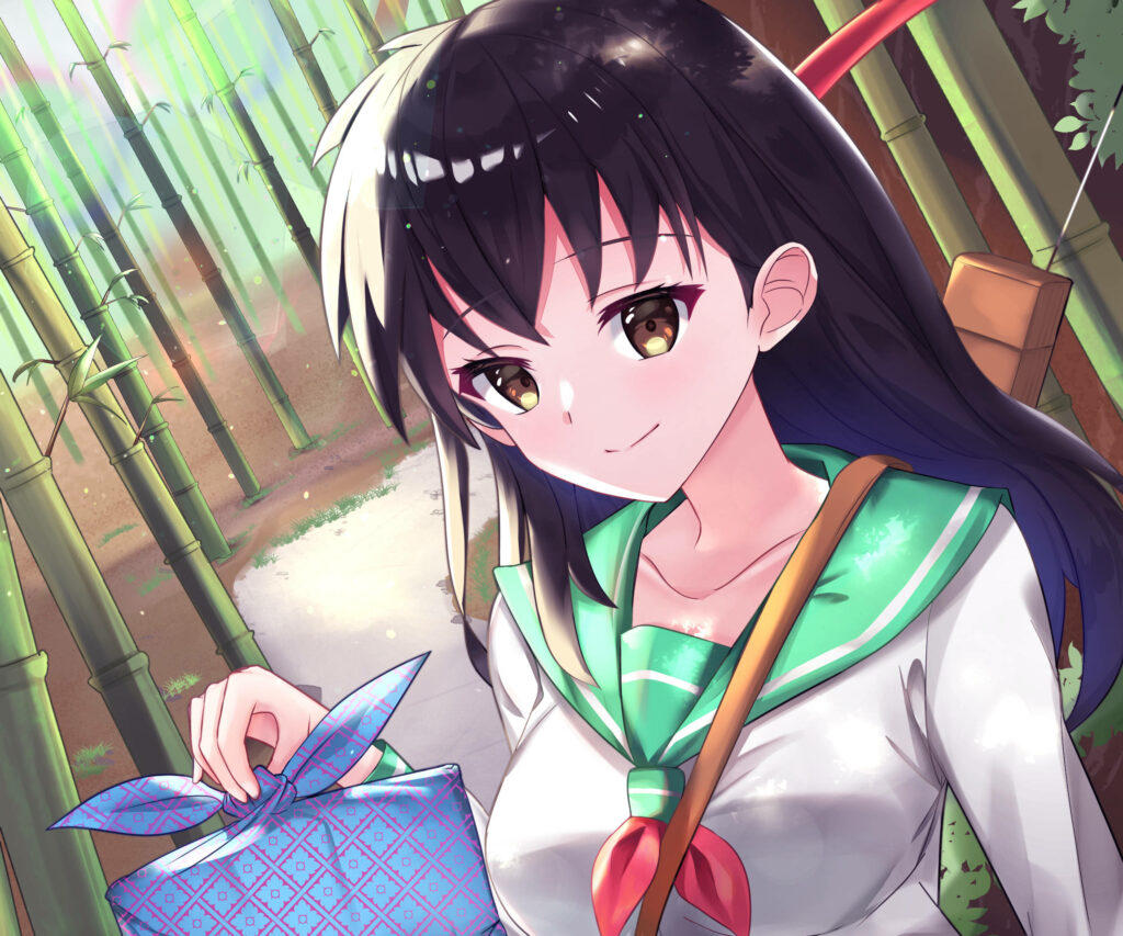 Bamboo Serenade: Kagome's Charming Anime Portrait Strikes a Pose, Bento Clutched Tightly Wallpaper