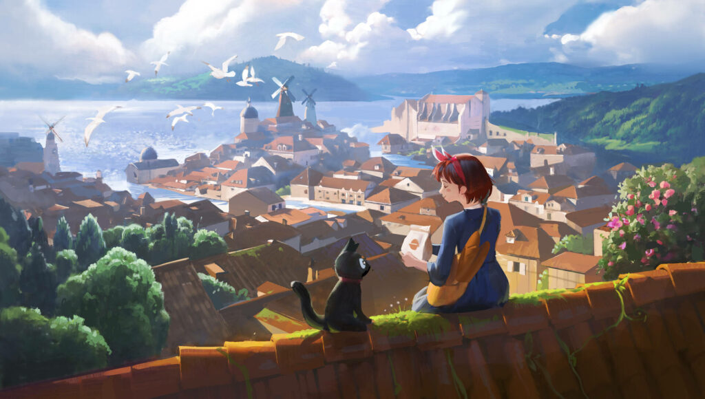 Serene Kiki and Jiji Wallpaper: Rooftop Coastal View