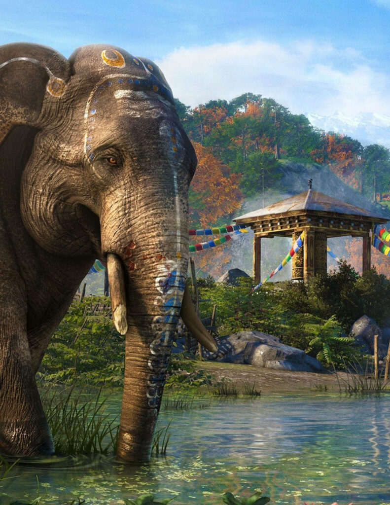 Serene Majesty: Kyrat's Majestic Elephant amidst Sacred Wheel and Vibrant Mountain Scenery Wallpaper