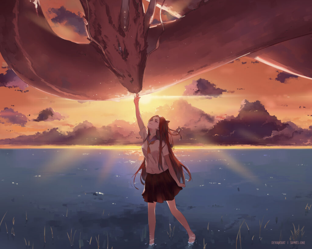 Anime Girl by Serene Lake Touching Dragon at Colorful Sunset Wallpaper