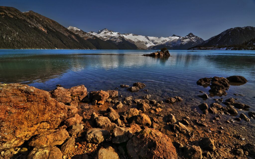Rugged stones by clear lake reflecting snowy mountains under vivid blue sky wallpaper background