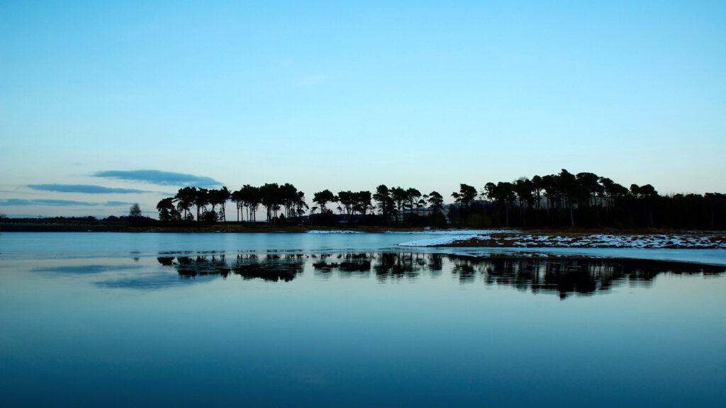 Serene Lake Dusk Wallpaper: Silhouetted Trees & Pastel Sky Background