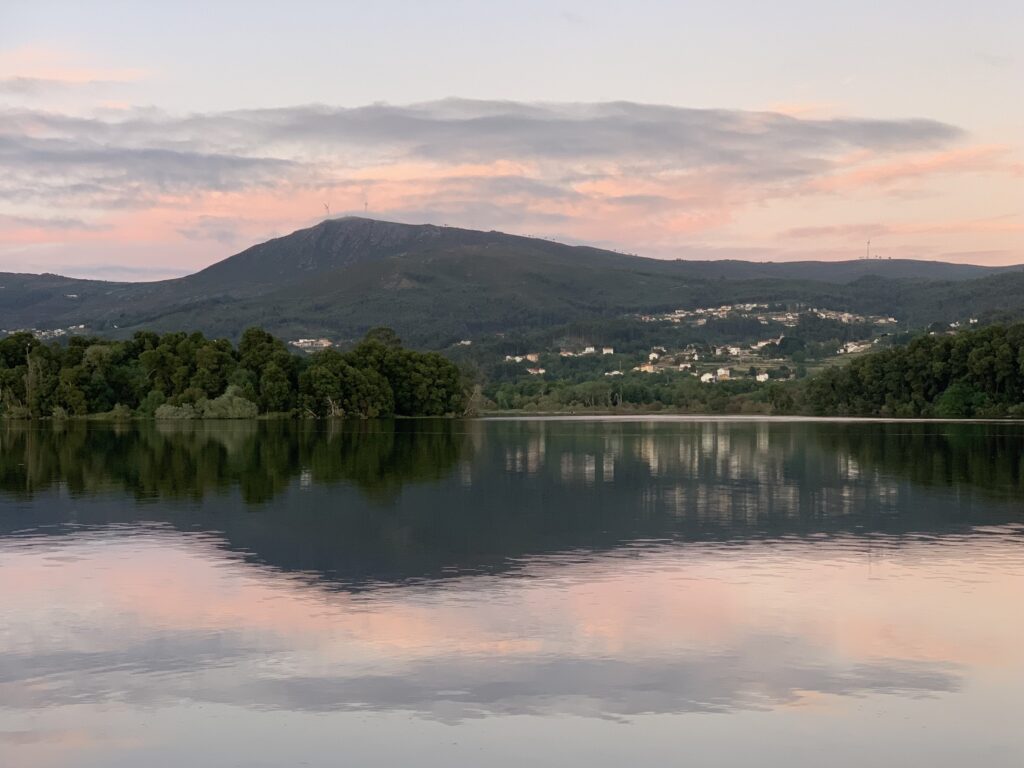 Serene lake reflecting green trees and mountains under pink blue evening sky landscape wallpaper