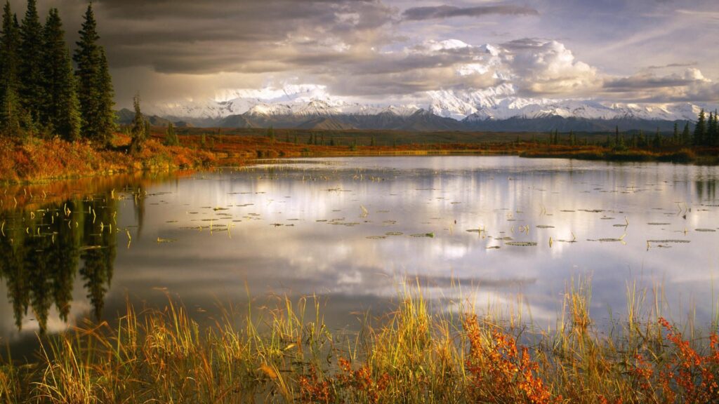Serene lake reflecting cloudy sky and snow-capped mountains with autumn grass landscape Wallpaper