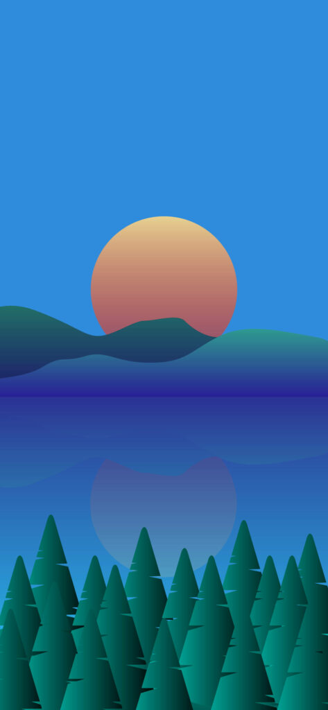 Serene Lake Sunset Minimalist Wallpaper with Evergreen Trees