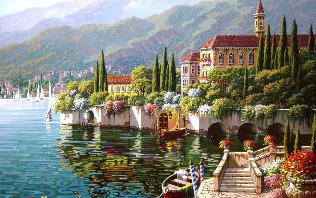 Charming Mansion Lake View Wallpaper - Tranquil Nature Scene