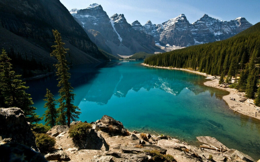 Serene Lake Wallpaper: Lush Forests & Snowy Mountains Reflection