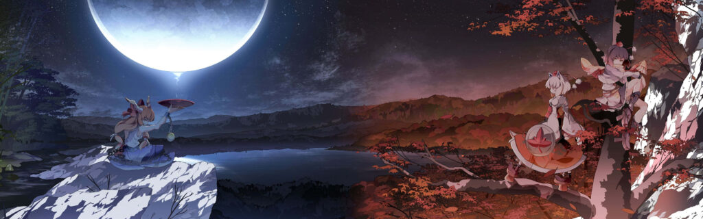Serene Lake Wallpaper: Crescent Moon & Vibrant Autumn Scene
