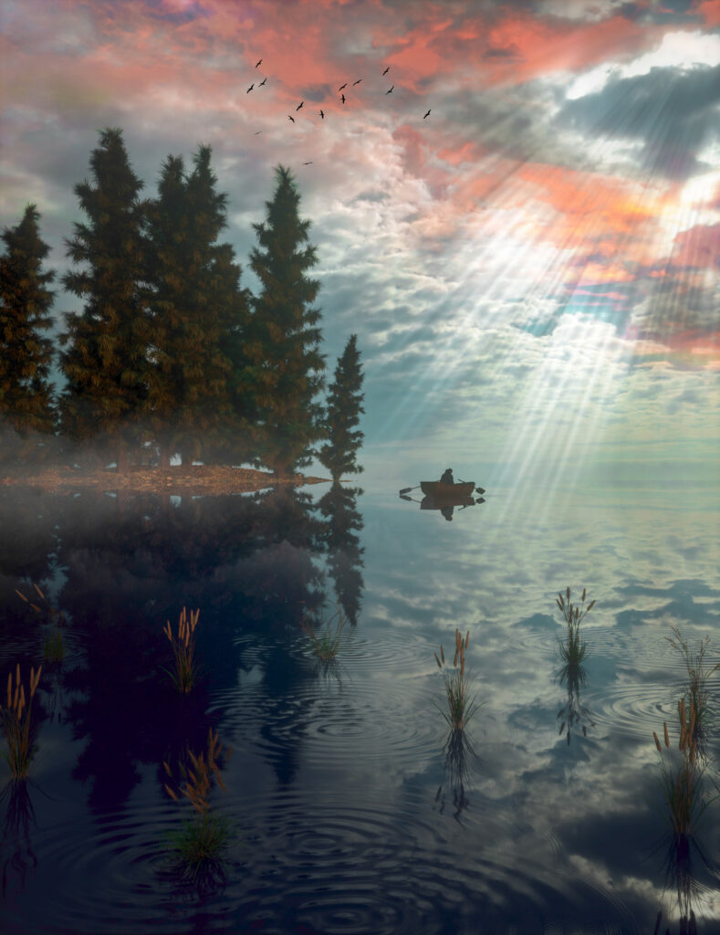 Serene artistic wallpaper of a small boat on a misty lake with sunlight and colorful clouds