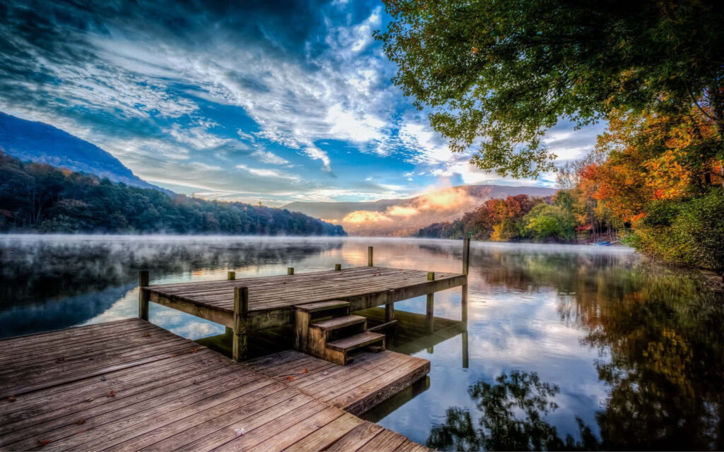 Serene Lakeside Wallpaper: Wooden Dock & Autumn Foliage