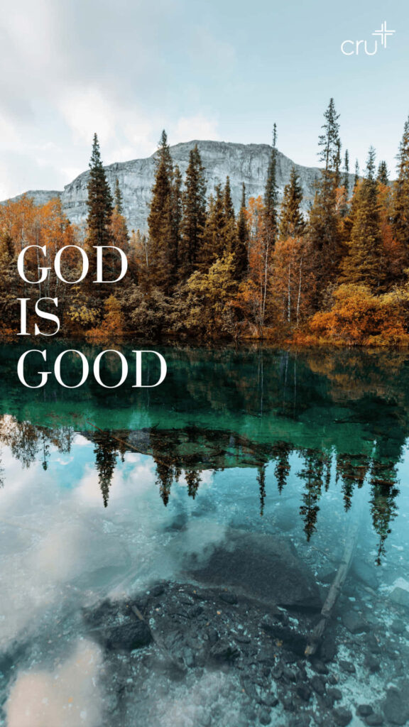 Serene Autumn Landscape Wallpaper with 'God is Good' Quote