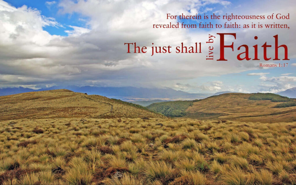 Serene Rolling Hills Wallpaper with Romans 1:17 Quote on Faith
