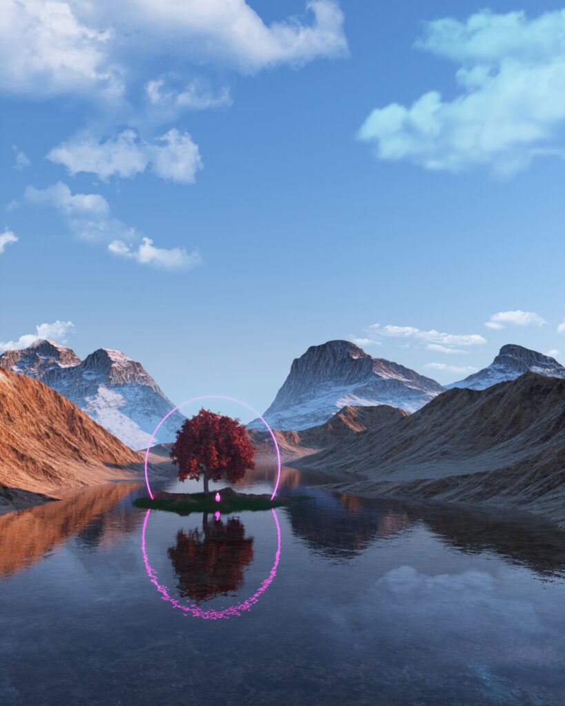 Serene Landscape Wallpaper: Tree by Lake with Futuristic Neon Ring
