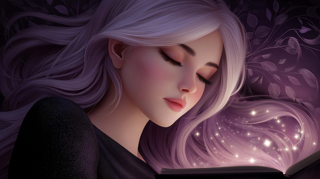 Woman with flowing lavender hair reading magical book glowing sparkles fantasy wallpaper background
