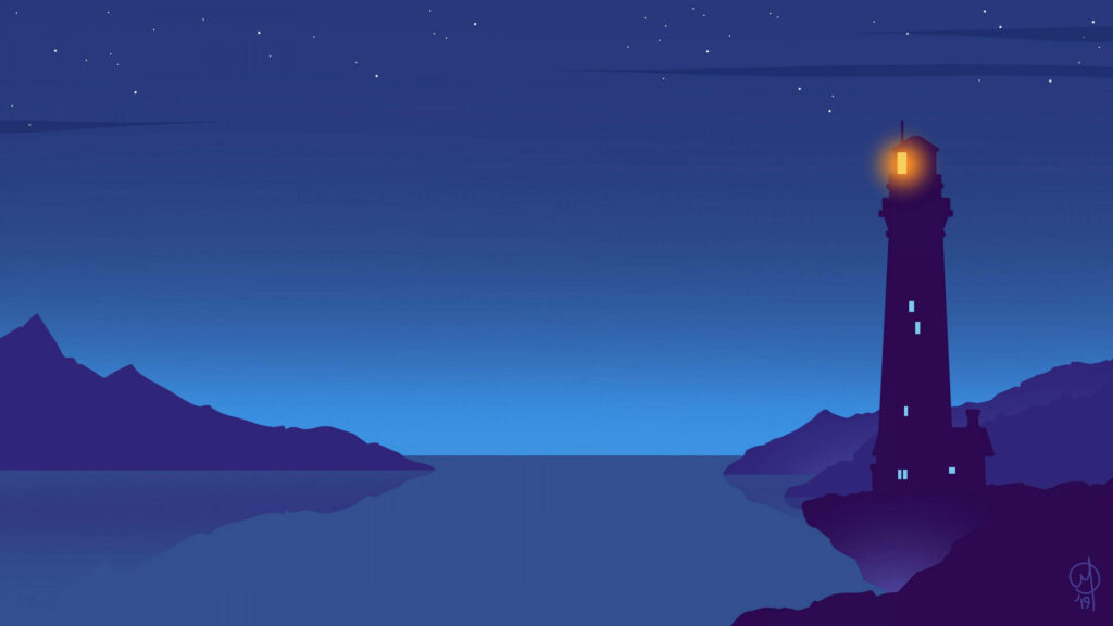 Serene Night Lighthouse Vector Art Wallpaper: Calm & Tranquil Background