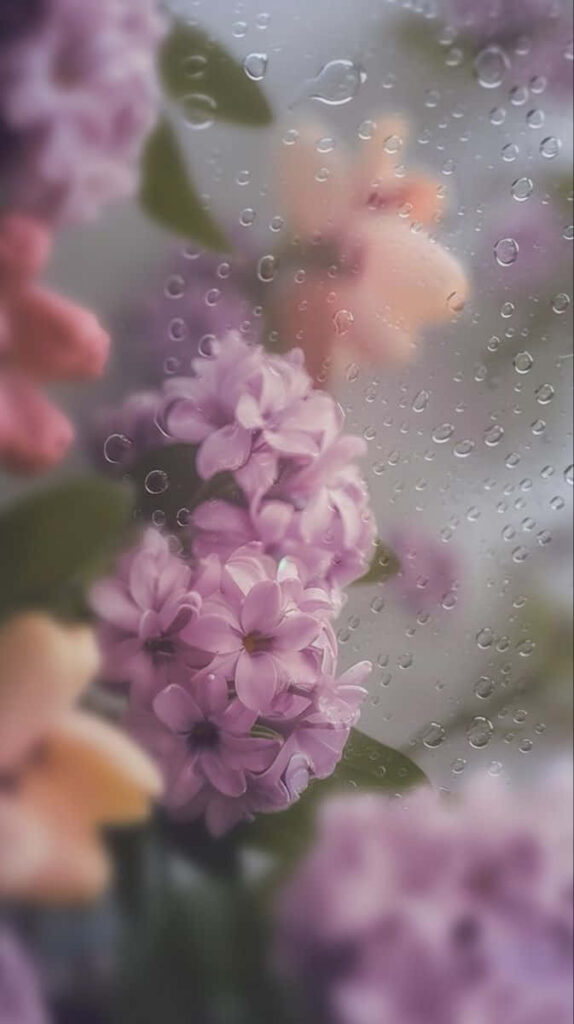 Serene Lilac Flowers: Rain-Dappled Window Background Wallpaper