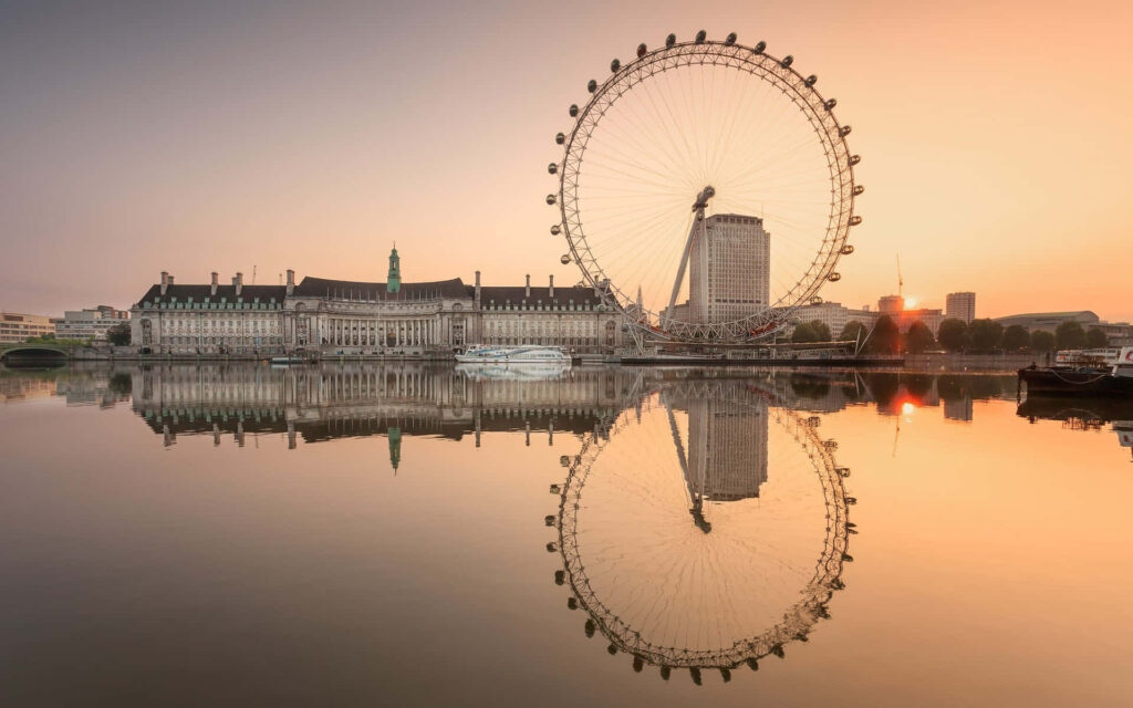 Serene London Eye Sunset Wallpaper with Thames Reflection