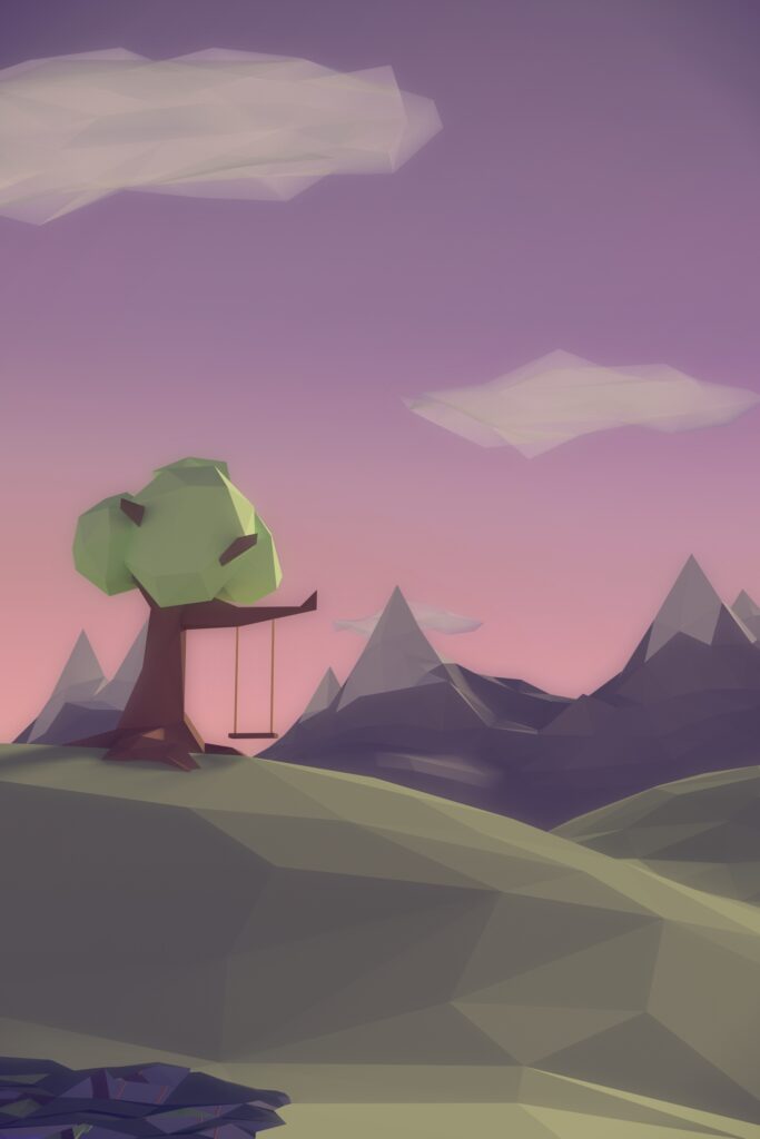 Stunning Low-Poly Landscape Wallpaper with Tree and Swing
