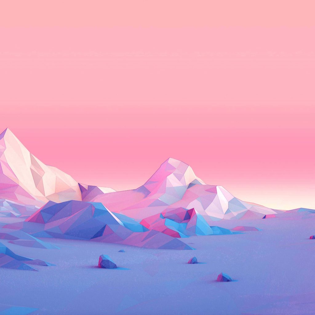 Low-poly geometric mountain landscape wallpaper with soft pink blue purple sunset for iPhone