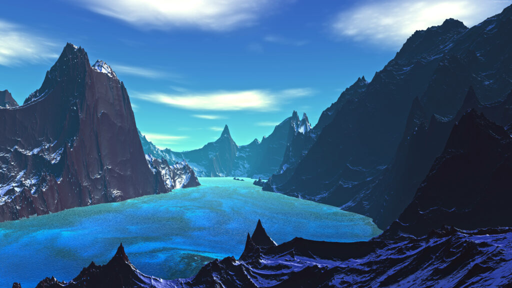 Rocky Majesty: A Stunning Digital Artwork of a Magnificent Blue Lake and Its Surrounding Mountains Wallpaper