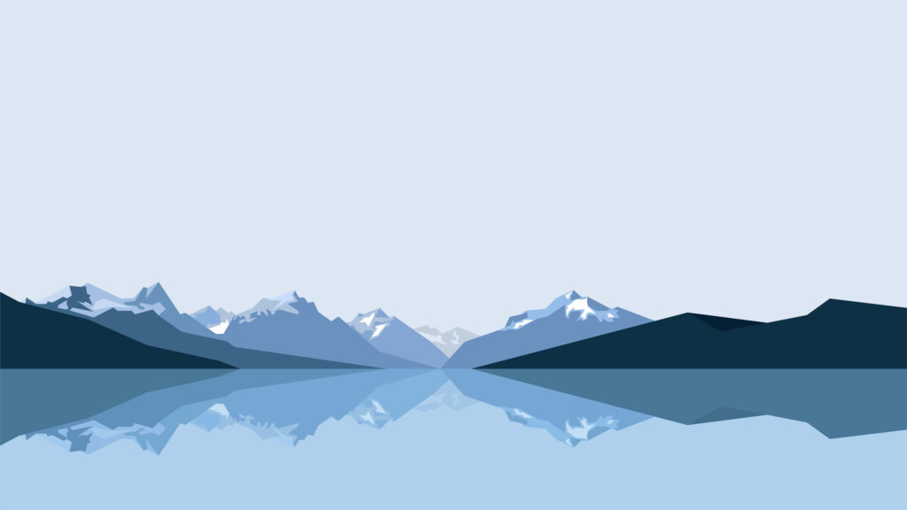 Serene Reflections: Minimalistic Blue Mountains Gracefully Reflect on a Wide Water Body Wallpaper