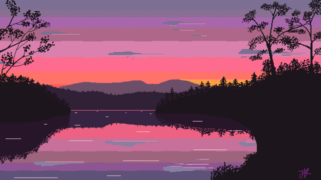Purple Haze Mirage: Pixelated tranquility at sunset, where a picturesque lake mirrors the vibrant skyline amidst majestic mountains and lush foliage. Wallpaper