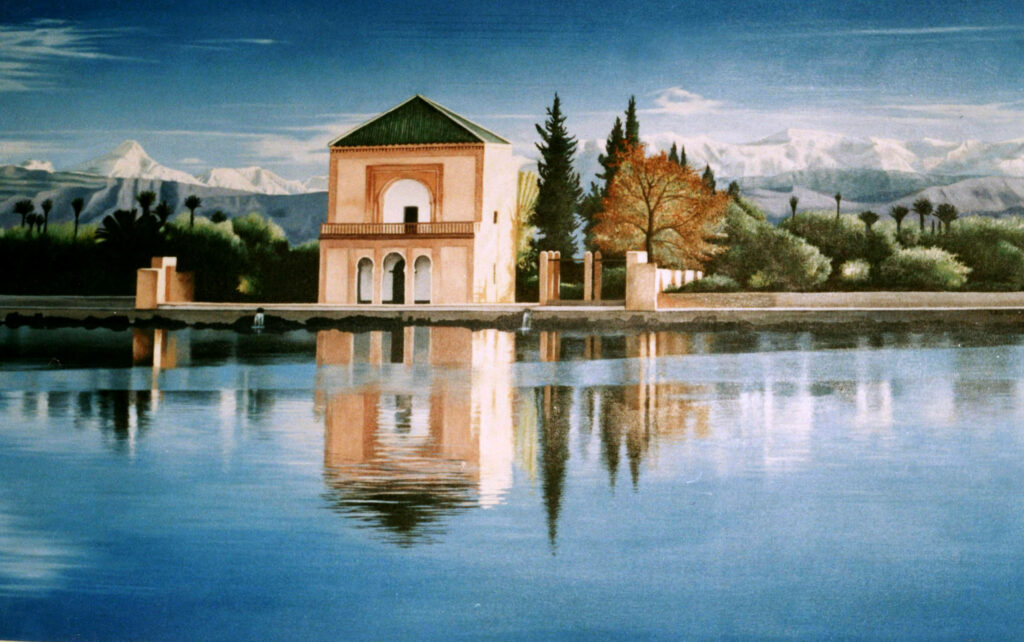 Serene Marrakesh Painting: Traditional Architecture & Calm Waters Wallpaper