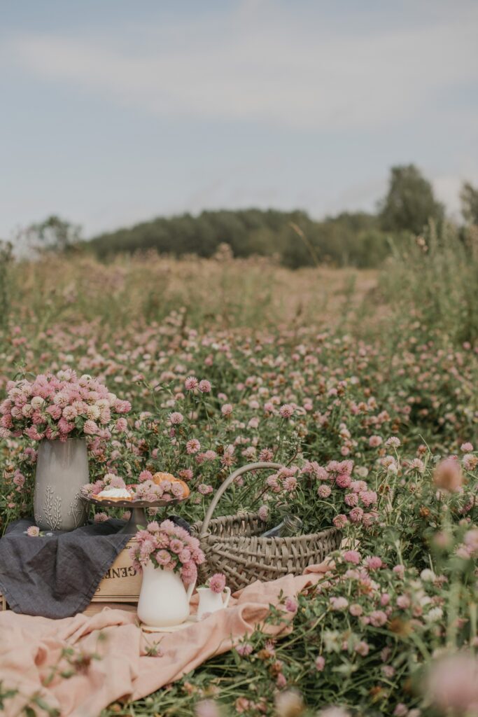 Charming Clover Field Wallpaper with Cozy Picnic Setup
