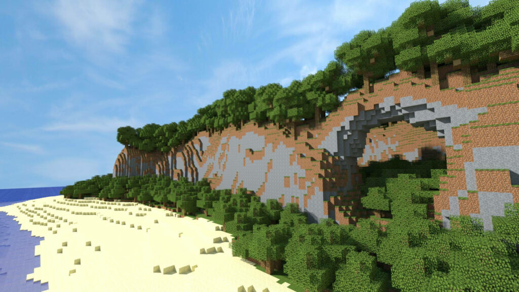 Serene Minecraft Beach Wallpaper: Lush Green Trees & Sandy Shores
