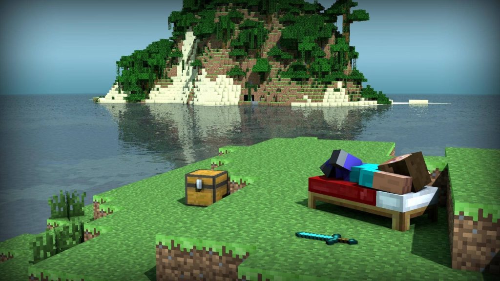 Minecraft digital art peaceful player resting on red bed near chest and sword by tropical coast Wallpaper