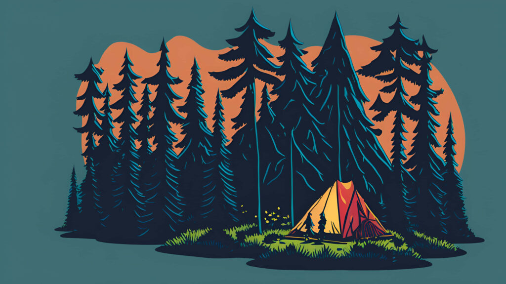 Serene Minimalist Forest Wallpaper: Dark Trees & Glowing Tent