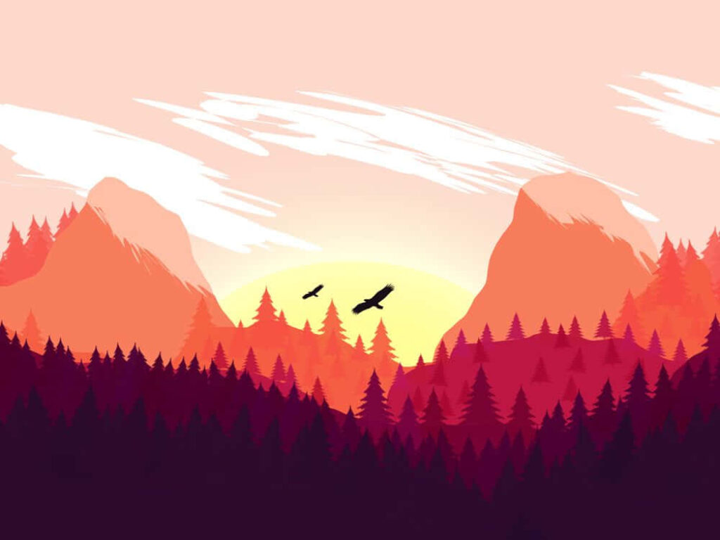 Serene Minimalist Landscape Wallpaper with Sunset & Birds