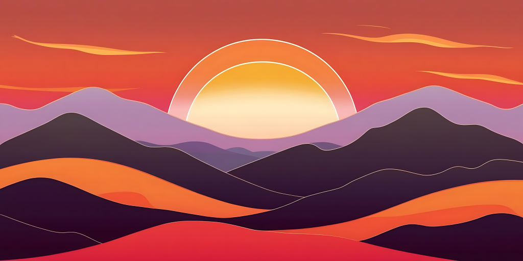 Minimalist vector landscape with vibrant setting sun and layered mountains in warm hues Wallpaper