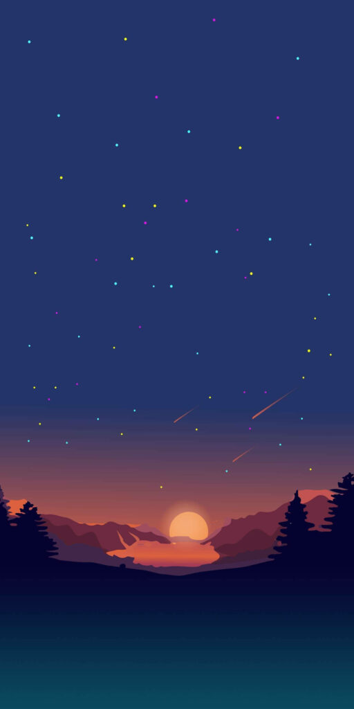 Tranquil Night Sky Wallpaper: Colorful Stars Over Mountain Sunset