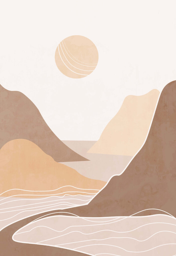 Serene Minimalist Wallpaper with Stylized Mountains & Gentle Sun