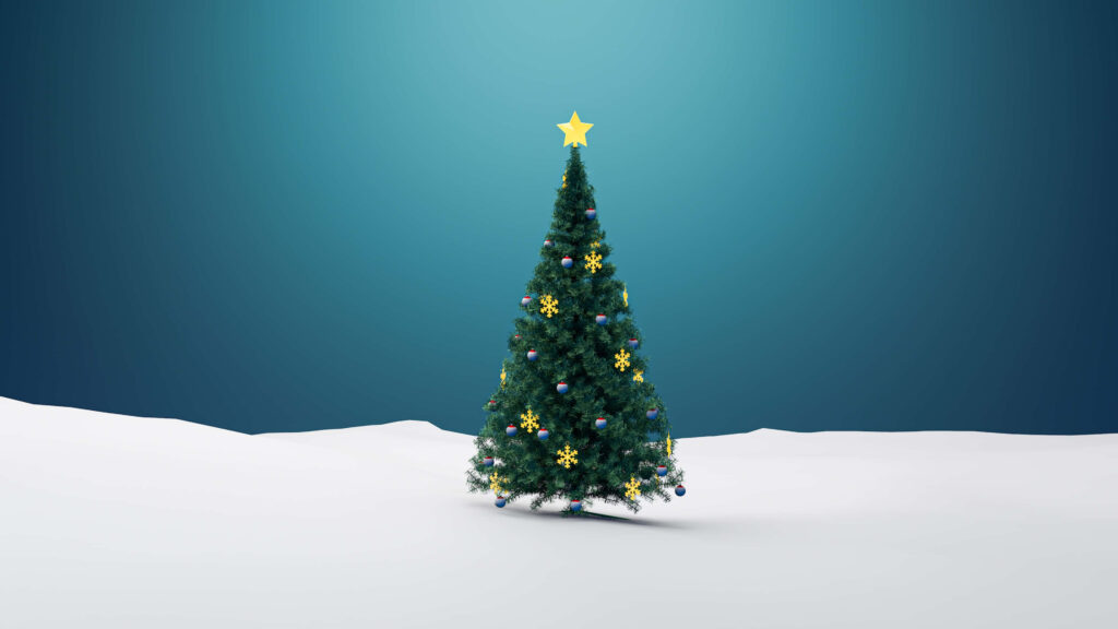 Minimalistic Christmas Wallpaper: Decorated Tree on Blue Gradient Background