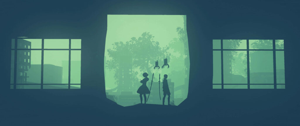 Serene Green & Blue Wallpaper: Silhouette in Tranquil Urban Scene