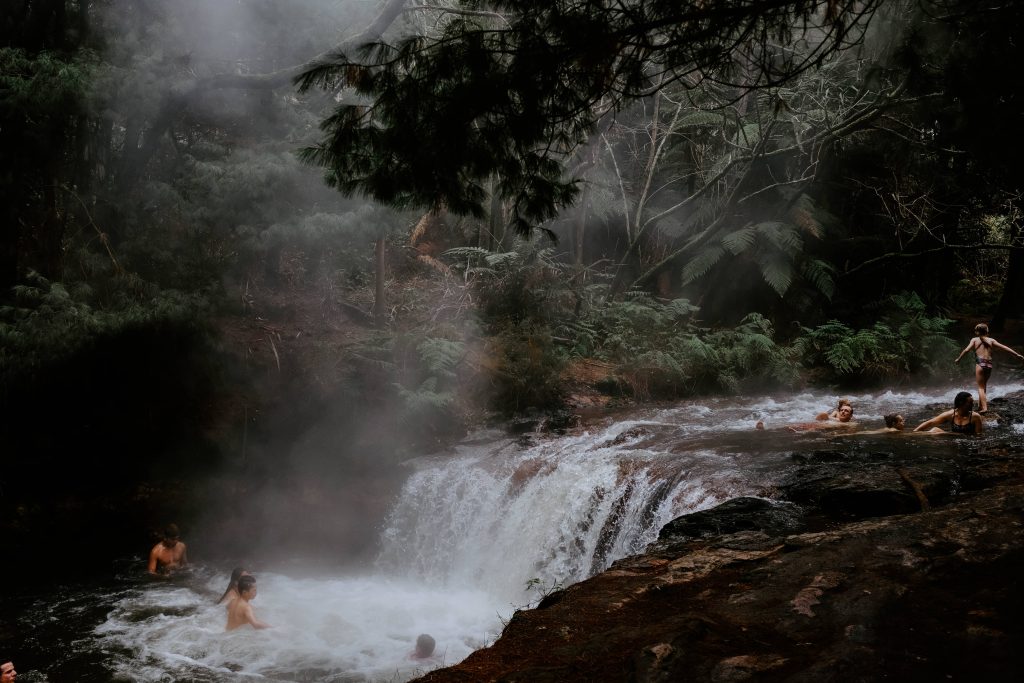 Misty forest with lush ferns and people swimming in a natural thermal waterfall hot spring Wallpaper