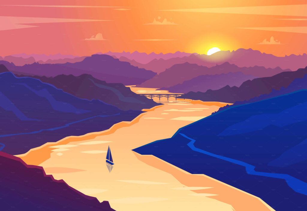 Modern Abstract Sunset Wallpaper: Serene River & Mountain Design
