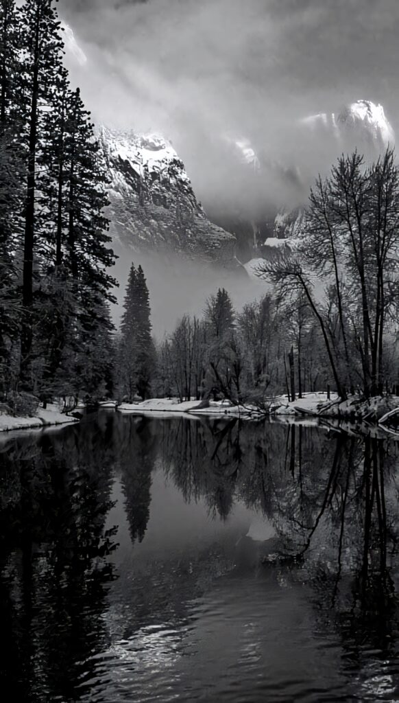Serene Monochrome Mountain Landscape Wallpaper with Reflective Lake