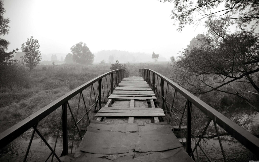 Misty Monochrome Nature Wallpaper: Serene Landscape with Rustic Bridge